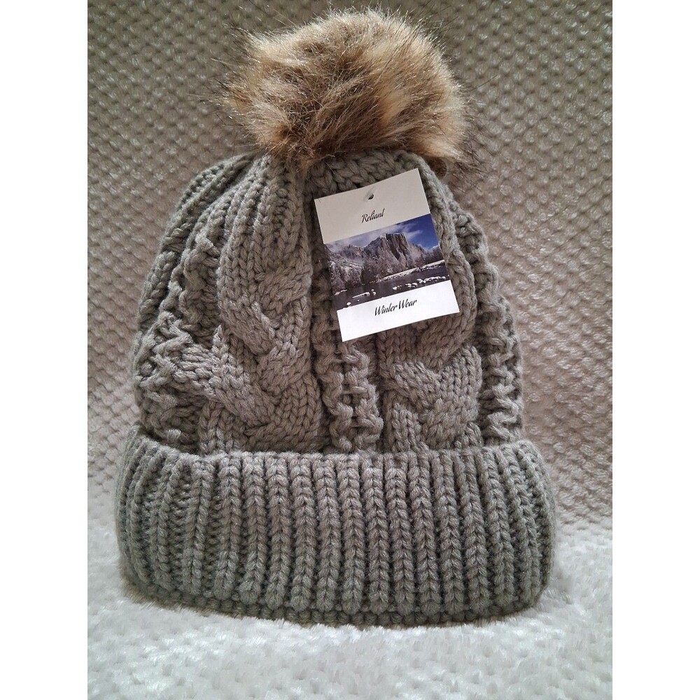 RELIANT WINTER WEAR Beanie Hat Womens Grey Chunky Cable Knit Faux Fur Pom Bobble